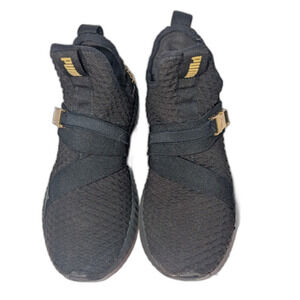 Puma Enzo Strap Sneakers Womens 8.5 Black Knit Gold Buckle Slip  Athletic Shoes